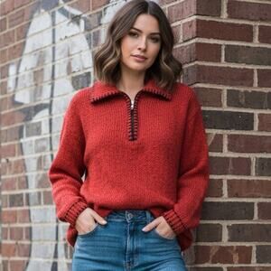 Vintage Wool Blend Half Zip Sweater with Unique Blanket Stitched Edges